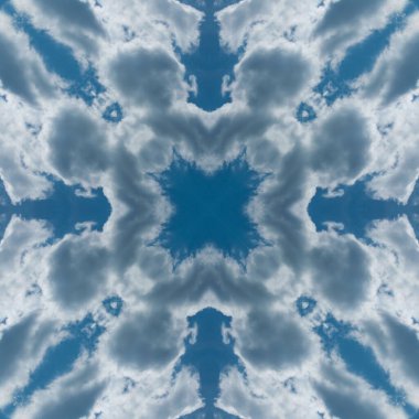 Bulutların ve gökyüzünün kusursuz deseni. Mavi gökyüzü ve beyaz bulutların dokusu. Mozaik kaleydoskop