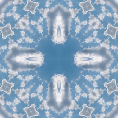 Bulutların ve gökyüzünün kusursuz deseni. Mavi gökyüzü ve beyaz bulutların dokusu. Mozaik kaleydoskop