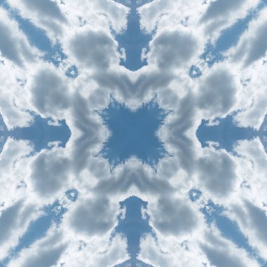 Bulutların ve gökyüzünün kusursuz deseni. Mavi gökyüzü ve beyaz bulutların dokusu. Mozaik kaleydoskop