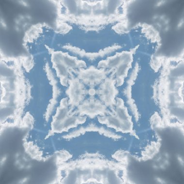 Bulutların ve gökyüzünün kusursuz deseni. Mavi gökyüzü ve beyaz bulutların dokusu. Mozaik kaleydoskop