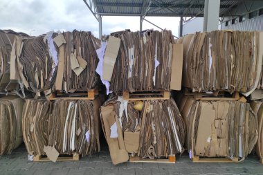 Atık kağıt geri dönüşüm tesisi. Kağıt geri dönüşümü. Atık kağıt. Balyalar dolusu kağıt. Ekoloji ve atık geri dönüşümü. Kağıt fabrikası