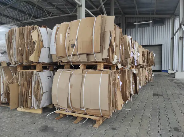 Atık kağıt geri dönüşüm tesisi. Kağıt geri dönüşümü. Atık kağıt. Balyalar dolusu kağıt. Ekoloji ve atık geri dönüşümü. Kağıt fabrikası