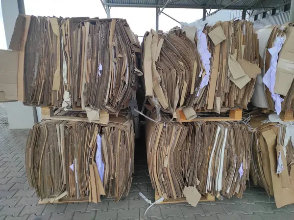 Atık kağıt geri dönüşüm tesisi. Kağıt geri dönüşümü. Atık kağıt. Balyalar dolusu kağıt. Ekoloji ve atık geri dönüşümü. Kağıt fabrikası