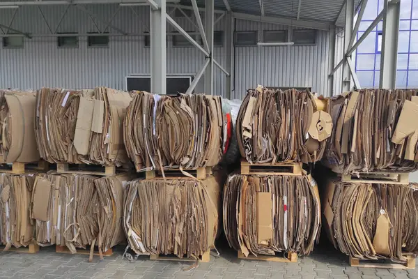 Atık kağıt geri dönüşüm tesisi. Kağıt geri dönüşümü. Atık kağıt. Balyalar dolusu kağıt. Ekoloji ve atık geri dönüşümü. Kağıt fabrikası