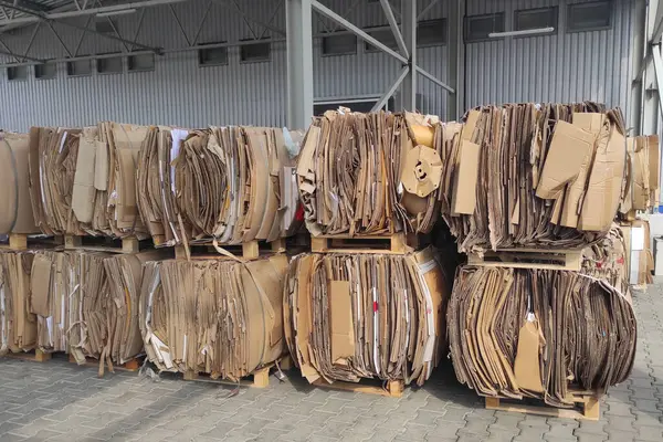 Atık kağıt geri dönüşüm tesisi. Kağıt geri dönüşümü. Atık kağıt. Balyalar dolusu kağıt. Ekoloji ve atık geri dönüşümü. Kağıt fabrikası