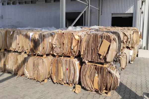 Atık kağıt geri dönüşüm tesisi. Kağıt geri dönüşümü. Atık kağıt. Balyalar dolusu kağıt. Ekoloji ve atık geri dönüşümü. Kağıt fabrikası