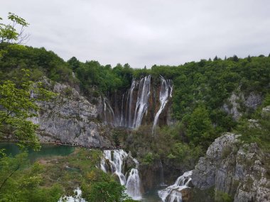Plitvice Lakes Ulusal Parkı. Şelale manzaraları. UNESCO Dünya Mirası. Şelale. Doğa fotoğrafları