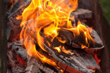 Izgarada yangın. Şöminede yangın var. Ateş ve kömür. dizayn