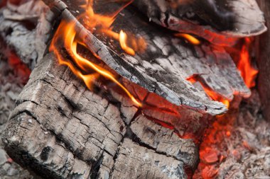 Izgarada yangın. Şöminede yangın var. Ateş ve kömür. dizayn