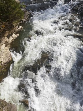 Bir dağ şelalesinin fotoğrafı. Ukrayna doğası. Ukrayna ormanı. Bir taşın üzerindeki şelale