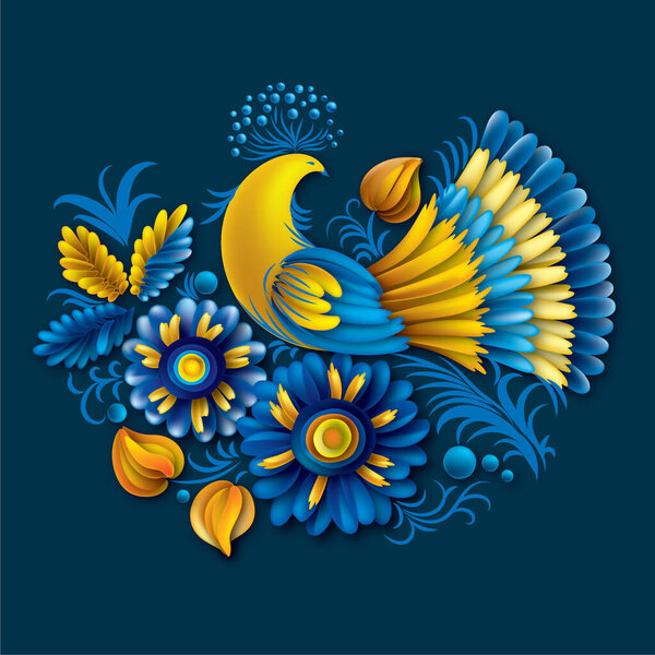 Vector drawing in a style reminiscent of Ukrainian Petrykiv painting, in blue and yellow colors.