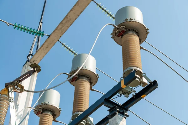Part High Voltage Substation Blue Sky Background Switches Disconnectors Ukrainian — Photo