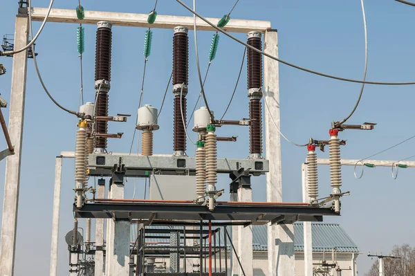 Part High Voltage Substation Blue Sky Background Switches Disconnectors Ukrainian — 图库照片