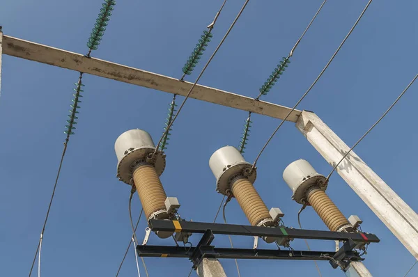 Part High Voltage Substation Blue Sky Background Switches Disconnectors Ukrainian — Photo