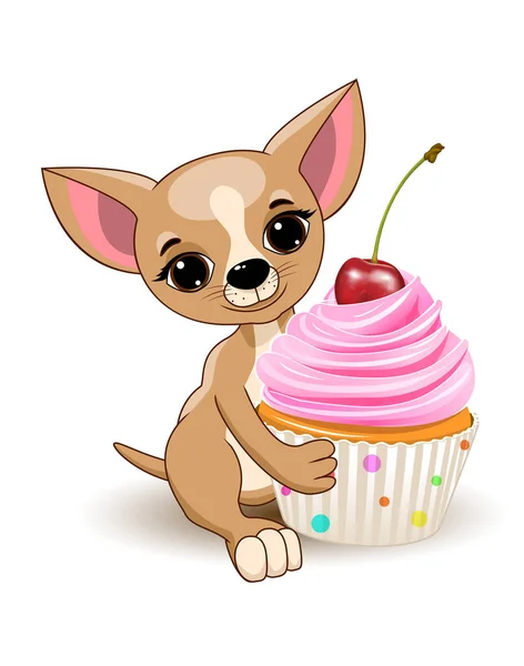一只快乐的小狗坐在那里 手里拿着一个有奶油和樱桃的蛋糕 — 图库矢量图片