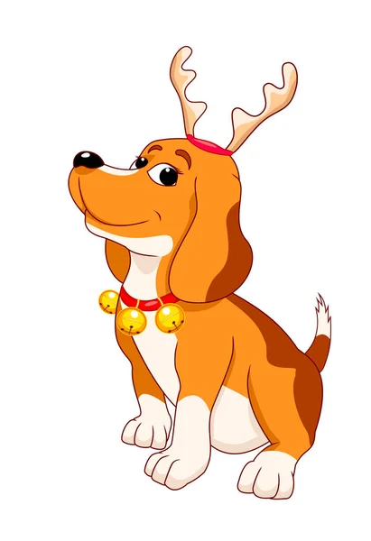 トナカイの角や鐘で飾られた漫画の犬が座っています 犬はトナカイのようです 白い背景にクリスマスの装飾が施された犬 — ストックベクタ