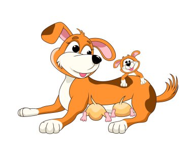 Çizgi filmdeki köpek yavrularıyla yatıyor. Dost canlısı küçük köpek yavruları besler. Neşeli mutlu köpek yavrusu oynuyor. Beyaz arka planda bir köpek.