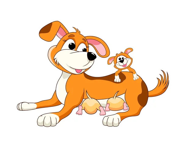 Cartoon Hond Ligt Bij Puppy Vriendelijk Hondje Voedt Pups Joyful — Stockvector