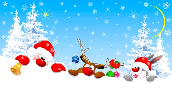 Санта Клаус Олень Кролик Рождественскими Украшениями Зимнем Лесу Канун Рождества — стоковый вектор