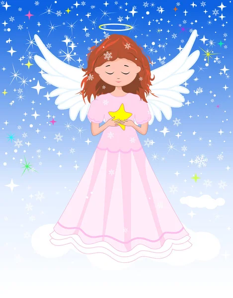 小天使女孩在冬天的背景与雪花 这个女孩穿着一件粉红色的衣服 她手里拿着一颗星星 — 图库矢量图片