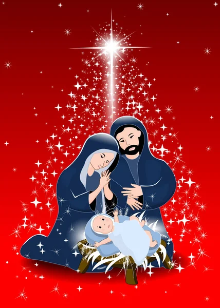 イエス キリストの降誕の場面 イエスの隣にはマリヤとヨセフがいます 輝くクリスマススター クリスマスの夜 赤の背景 — ストックベクタ