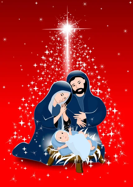Szene Der Geburt Jesu Christi Neben Jesus Stehen Maria Und — Stockvektor