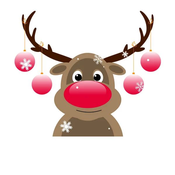 赤い鼻の漫画の鹿はクリスマスボールで飾られています 白地にトナカイ — ストックベクタ