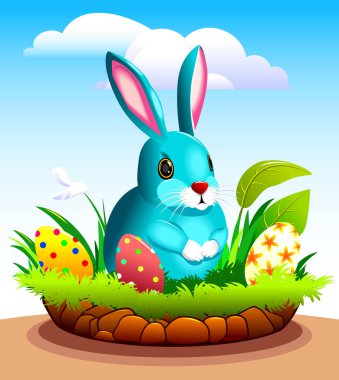 Çizgi film tavşanı, paskalya yumurtalarının arasında çimenlerin üzerinde tavşan deliğinin yanında oturur..