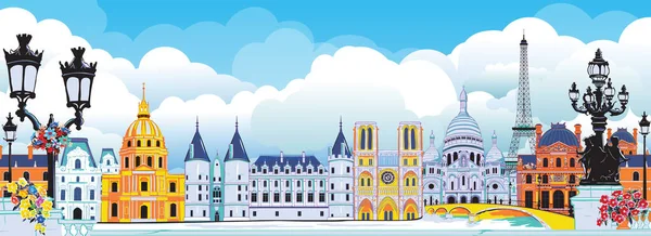 巴黎市 在蓝天和白云的映衬下 美丽的巴黎老式建筑 巴黎及其历史遗迹 — 图库矢量图片