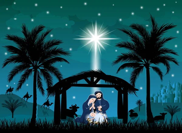 Escena Natividad Jesucristo Navidad Virgen María José Inclinaron Sobre Pesebre — Vector de stock