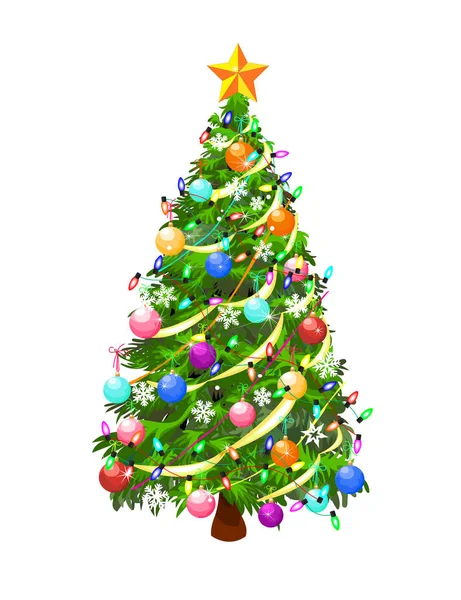 Beyaz arka planda çelenkler, toplar ve kar taneleriyle süslenmiş Noel ağacı..