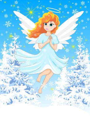 Kızıl saçlı bir melek, mavi elbiseli, kışın arka planda. Noel arifesi. Kış karlı gece