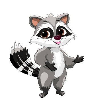 Çizgi film mutlu gri rakun beyaz arka planda.