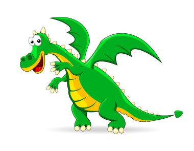 Beyaz arka planda yeşil ejderha. Komik peri masalı karakteri. Yeşil dinozor.                                                                                          