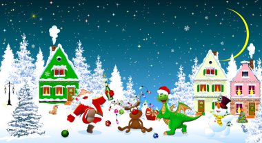 Noel Baba, ejderha, kardan adam ve geyik Noel gecesi, evlerin ve ormanların arka planında. Karla kaplı evler ve ağaçlar. Kar, kar taneleri. Gökyüzünde yıldızlar ve ay. Mutlu Noeller..