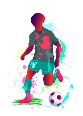 Bir futbol oyuncusunun silueti, grunge stili bir topla, çeşitli dokuların su sıçratma, lekeler, lekeler şeklinde empoze edilmesi..