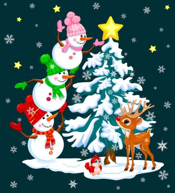 Üç sevimli kardan adam Noel ağacının tepesini bir yıldızla süslüyor, birbirlerinin omuzlarında duruyorlar. Noel gecesi, yıldızlar parlıyor ve kar taneleri düşüyor..