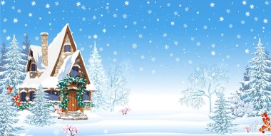 Karlı ev Noel Kış gecesi için dekore edildi. Kış bahçesi, karlı bir arazi. Kar taneleri.