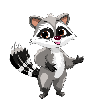 Şeffaf bir arkaplanda çizgi film mutlu gri rakun.