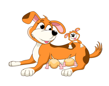 Çizgi filmdeki köpek yavrularıyla yatıyor. Dost canlısı küçük köpek yavruları besler. Neşeli, mutlu köpek yavrusu oynuyor. Şeffaf bir arkaplan üzerinde köpek.