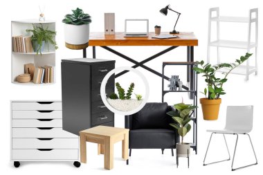 Beyaz arka planda ofis içi modern mobilya ve şık dekorasyonlar grubu