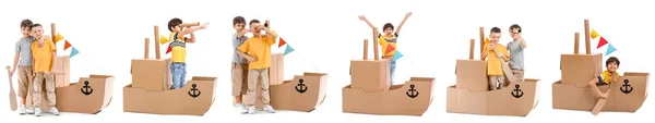 Collage Little Boys Playing Cardboard Boat White Background — Stock Photo, Image