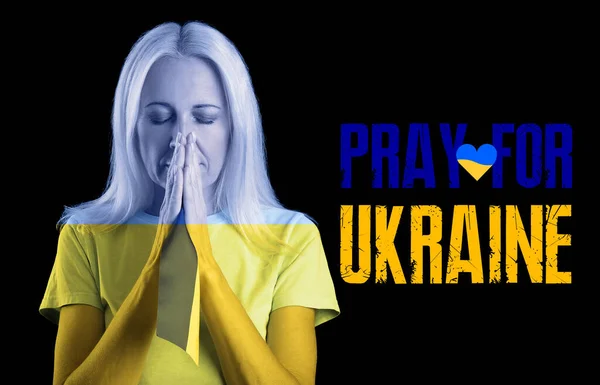 Praying Mature Woman Text Pray Ukraine Black Background — Stock Photo, Image