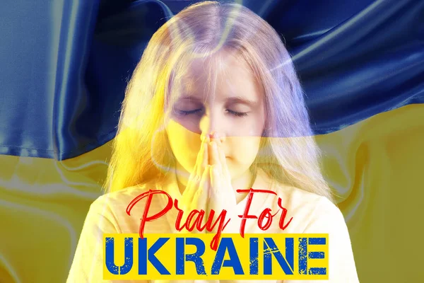 Dupla Exposição Menina Orante Bandeira Ucraniana Rezai Pela Ucrânia — Fotografia de Stock
