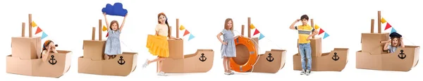 Collage Bambini Piccoli Che Giocano Con Una Barca Cartone Sfondo — Foto Stock