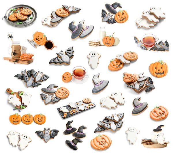 Sada Chutných Halloweenských Sušenek Izolovaných Bílém — Stock fotografie