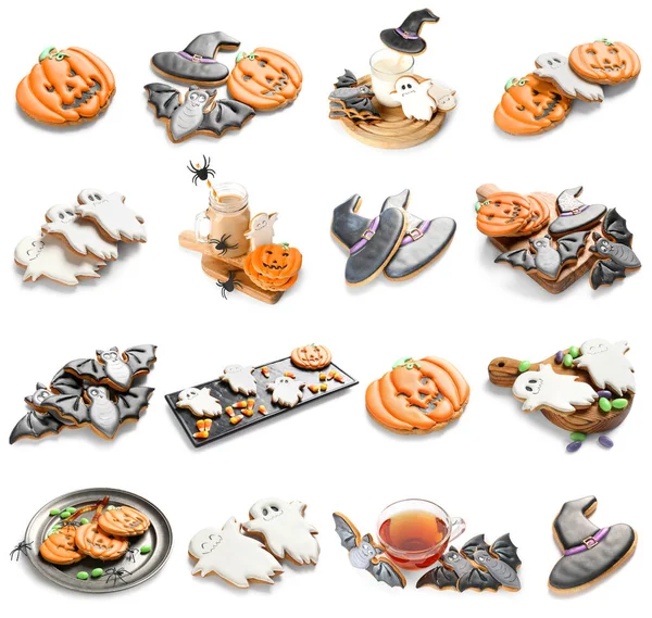 Conjunto Saborosos Biscoitos Halloween Isolados Branco — Fotografia de Stock