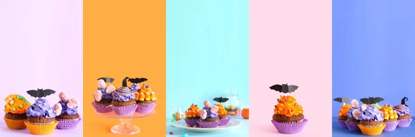 Conjunto Muchos Sabrosos Cupcakes Halloween Sobre Fondo Colorido — Foto de Stock