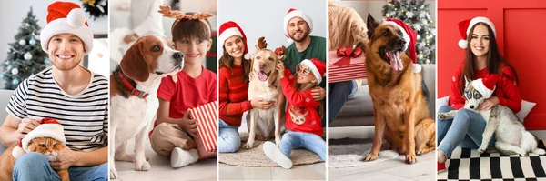 Colagem Com Pessoas Animais Bonitos Casa Véspera Natal — Fotografia de Stock