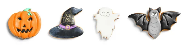 Conjunto Saborosos Biscoitos Halloween Isolados Branco — Fotografia de Stock